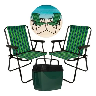Kit 2 Cadeiras De Praia Xadrez Verde + Caixa Térmica 34 L Kit 2 Cadeiras De Praia Xadrez Verde + Caixa Térmica 34 L