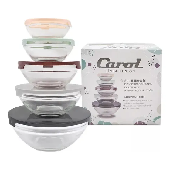 Set 5 Bowls De Vidrio Con Tapa Carol Soft 