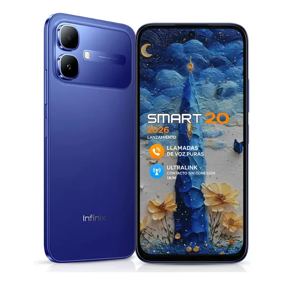 Celular Infinix SMART 20 2026 Pantalla 6.78'' 120Hz 256GB+8GB Ram (4+4GB) 5200mAh Ultralink Llamadas Sin Señal Hasta 1km AI Reducción de Ruido y Voz Nítida Android XOS 16 Dual Sim NFC Azul Nube