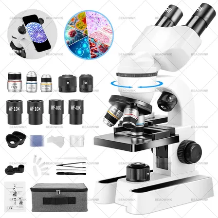 Kits De Microscopios Ópticos Binocular 40x-1600x Profesional Con Doble Luz Y Rgb Led Para Pc Y Móvil, Beaowink Microscopio De Educación Portátil De Ciencias Biológicas De Precisión Con 44 Accesorios