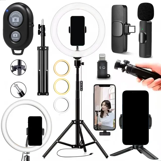 Kit Completo Ring Light 26cm + Tripé + Microfone Bluetooth