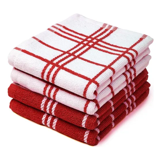 4 Paño Cocina Rizo Rojo Cuadro Algodon Plato Secado Rapido
