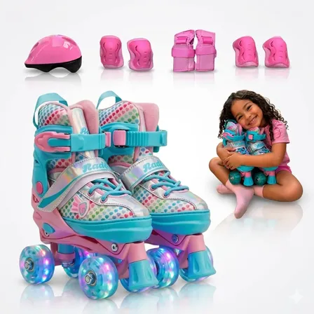 Roller Patins Infantil 4 Rodas Com Led + Kit Proteção Adulto