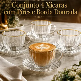 Alminas Conjunto 4 Xícaras + Pires Dourada Vidro Alça 200ml Café Cappuccino Chá K
