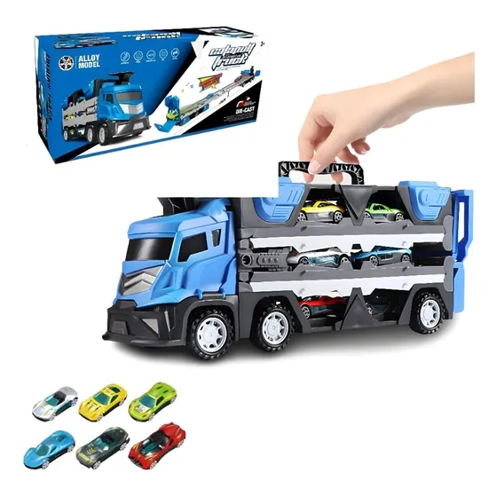 Brinquedo Carreta Cegonha Azul Dobravél Com 6 Carrinhos Personagem Caminhão Cegonha