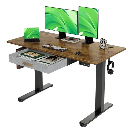 Escritorio Elevable Con Cajones,120cm,para Oficina,marrón