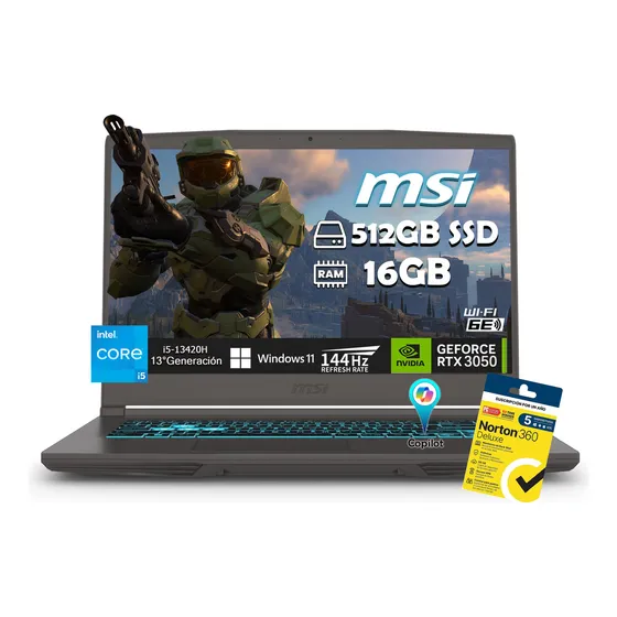 Laptop Gamer Msi Thin 15 B13uc Intel Core I5-13420h 512gb Ssd 16gb Ram Geforce Rtx 3050 Full Hd 1920x1080 144 Hz W11 Home + Antivirus Norton