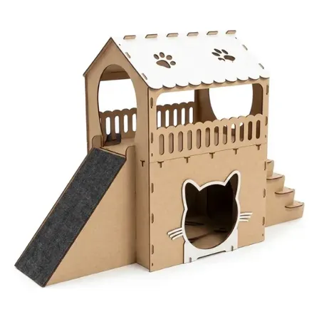 Casinha Para Gatos 2 Andares Mdf Carpete Arranhador Rampa Bege