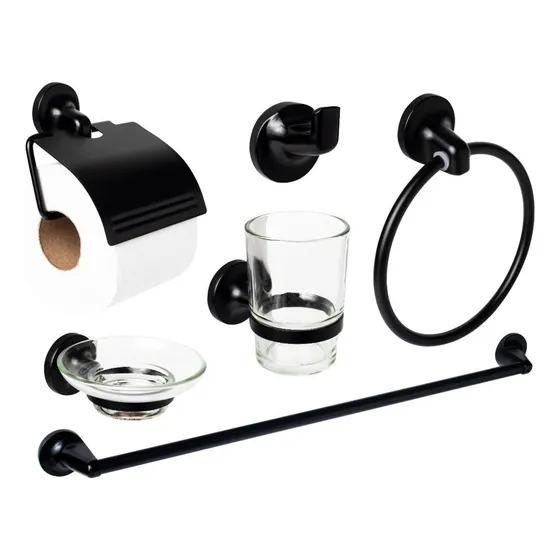 Set Accesorios Baño Ducha Negro Mate 6 Pzs Metalico Tawak Sf AC07