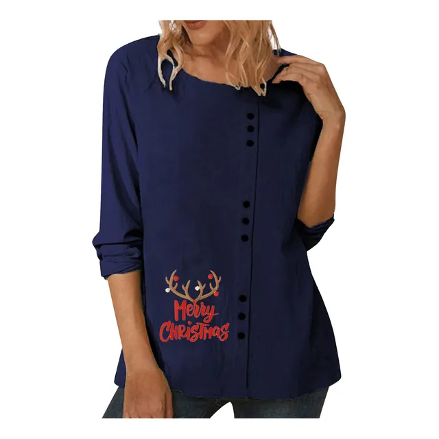 Tops Lino Algodon Navidad Para Mujer Camiseta Manga Larga