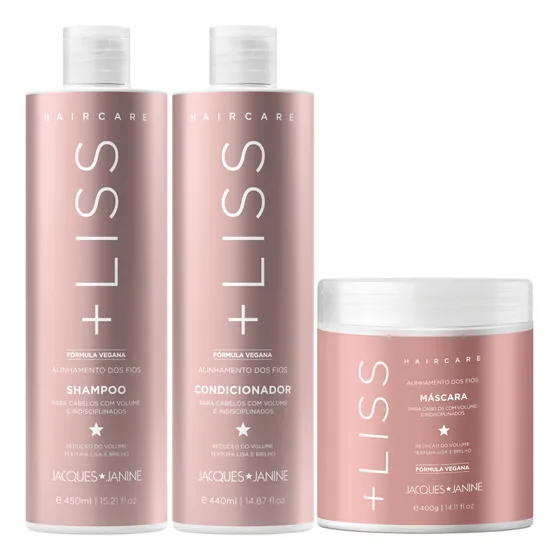 Jacques Janine Hair Care Liss Shampoo Sem Sal 450ml, Condicionador Leave-in 440ml + Máscara Tratamento Hidratação Brilho 400g Alinhamento dos Fios.