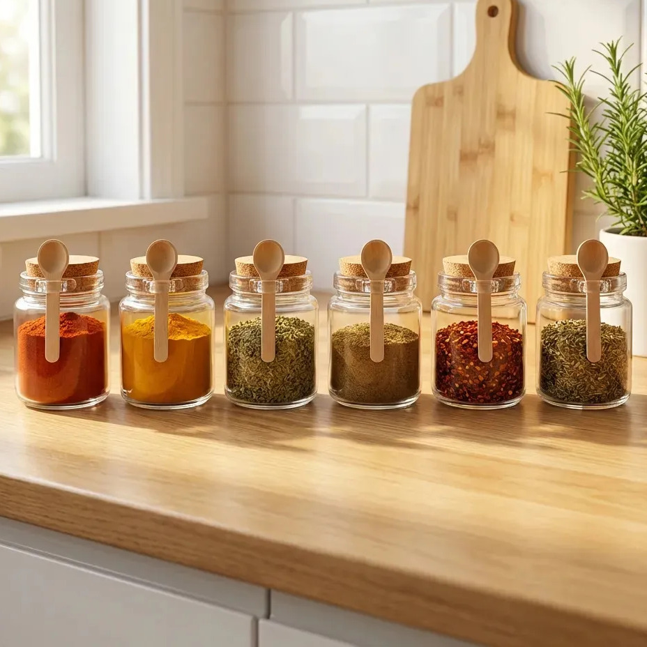 Conjunto de 6 potes de vidro para temperos com tampa de cortiça e colher de bambu acoplada em cada um, organizados sobre uma bancada de madeira.