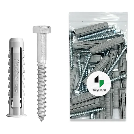 Tarugo Fischer Espiga Sx 10 Para Ladrillo Hueco + Tirafondo 1/4 x 2 1/4 (6,3x57mm) | Combo Fijaciones de Uso Domestico Y Profesional | Bolsa Skyhard Por 25 Unidades