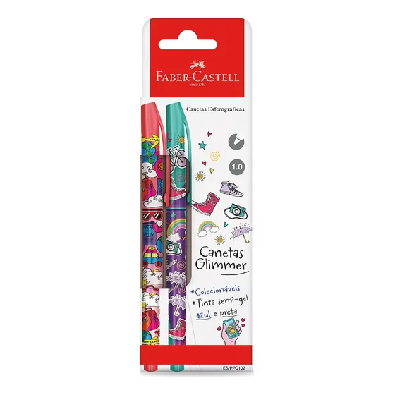 Caneta Play Cool Faber Castell Glimmer Col. Viagem C/2 Un Tinta Azul E Preta Exterior Colorida