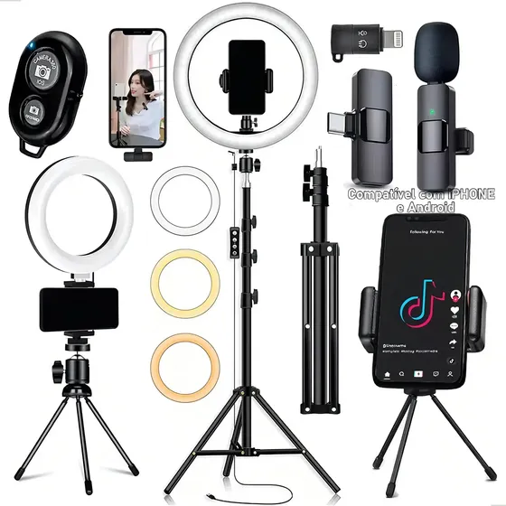 Kit Youtuber 2 Ringlinght Iluminador Microfone Lapela Sem Fio Bluetooth Selfie Estrutura Preto Luz 3 Temperaturas Dreamfull 127/220v