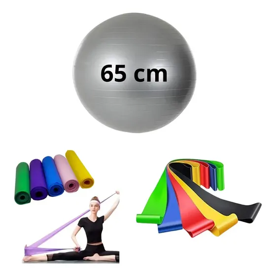 Bola Suiça Pilates Fisio 65cm + Faixa Elastica + 5 Mini Band Cinza