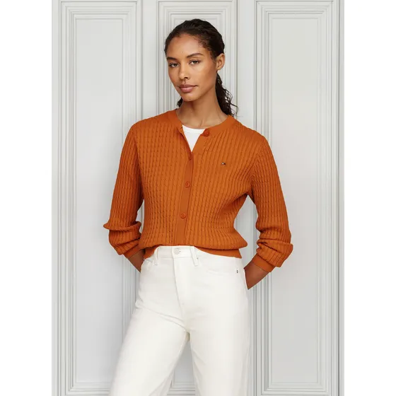 Cárdigan Naranja,trenzado Con Cuello Redondo Tommy Hilfiger