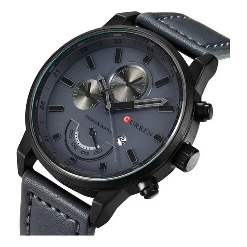 Relojes Curren para hombre: cuero, cuarzo, calendario, color de correa, gris