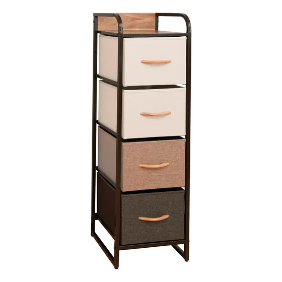 Velador Cajonera 4 Cajones Carry All® Linea Hogar Marco Metálico Cubierta Madera Cajones De Tela Premium