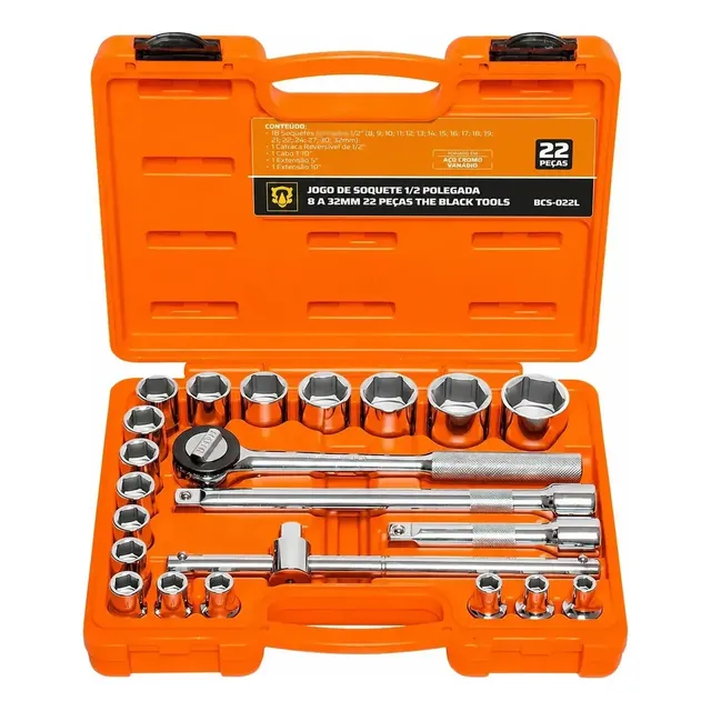Jogo Kit de Ferramentas Manuais Chave Catraca 1/2 8 a 32mm Cromo Vanádio BCS022L The Black Tools