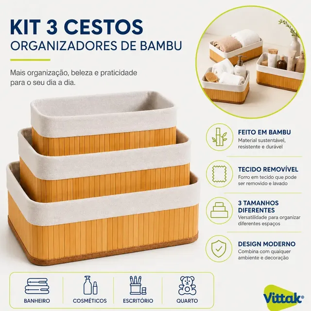 Vittak Kit 3 Cestos Organizadores De Bambu Multiuso Com Forro