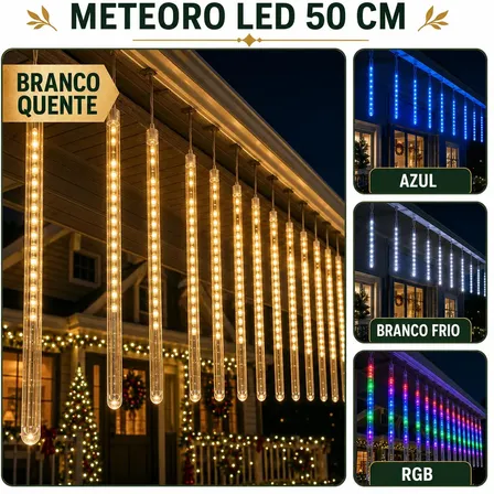 Cascata Meteoro 50cm 8 Tubos Led 3 Metros Bastão Chuva IP65 Decoração Natal Festas Bivolt Cor Branco Quente LuvinCo