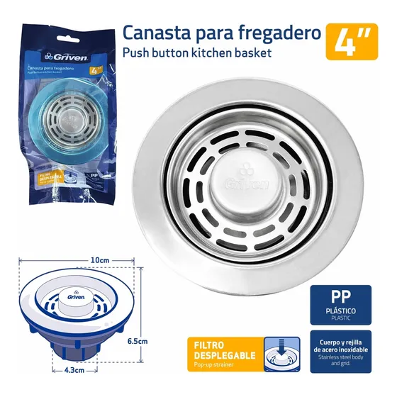 Desague Cesta Fregadero Lavaplato Acero Inox Automatico