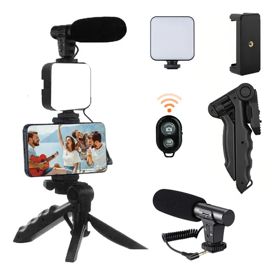 Kit Tripe Com Iluminação Microfone Para Transmissão Celular
