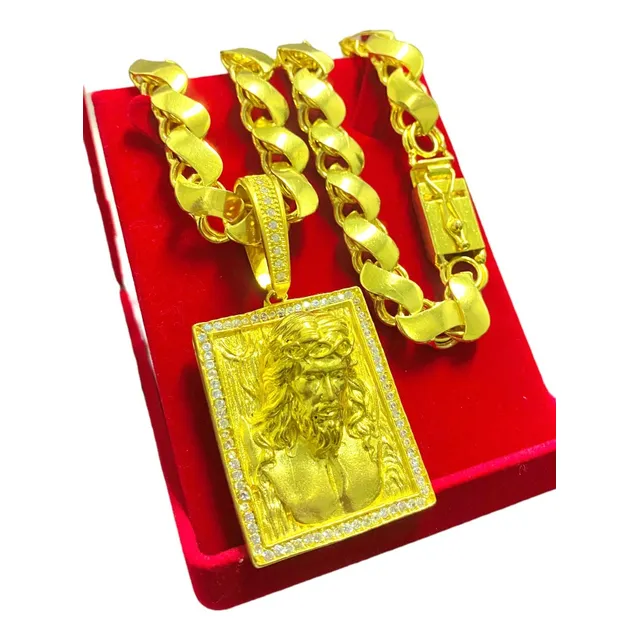Corrente Friso S 12mm +pingente Jesus Placa 3d Cravejada Top