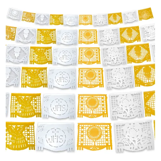 Papel Picado / Guirnaldas Religiosas Plástico 50m. Lineales Color Amarillo-blanco Regioso -3