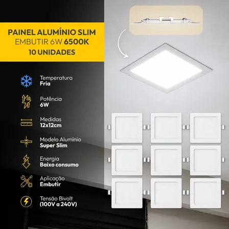 Kit 10 Painel Led Plafon Aluminio Embutir 6w 6500K Branco Frio 12x12Cm Quadrado Cod: ALUT001971-10 Alut By Avant