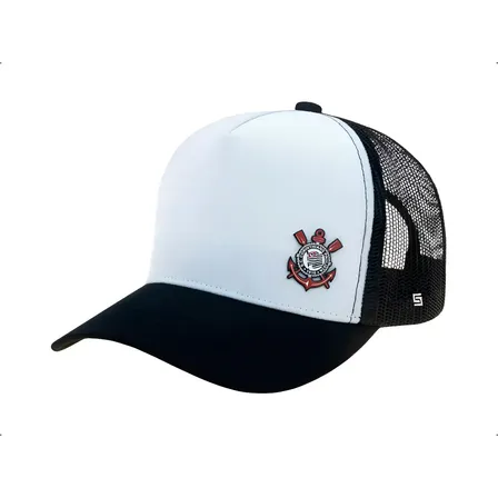 Boné Supercap Corinthians Trucker Preto e Branco Aba Curva Unissex