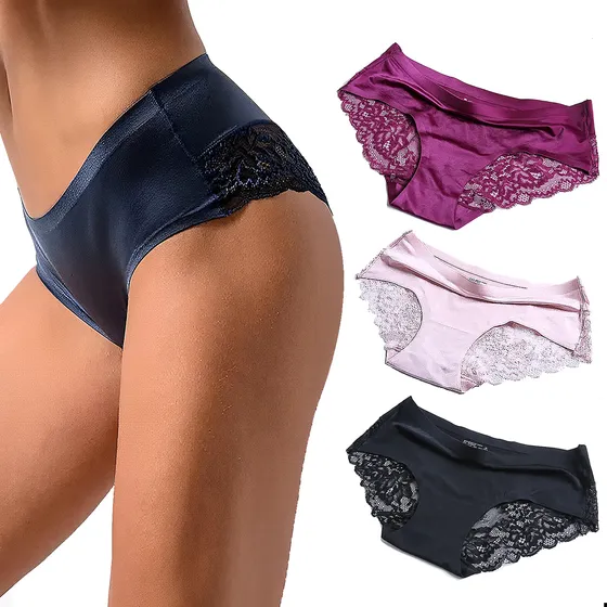 Pantis Cacheteros Encajes Mujer De Satén Dama Sexy 3 Piezas