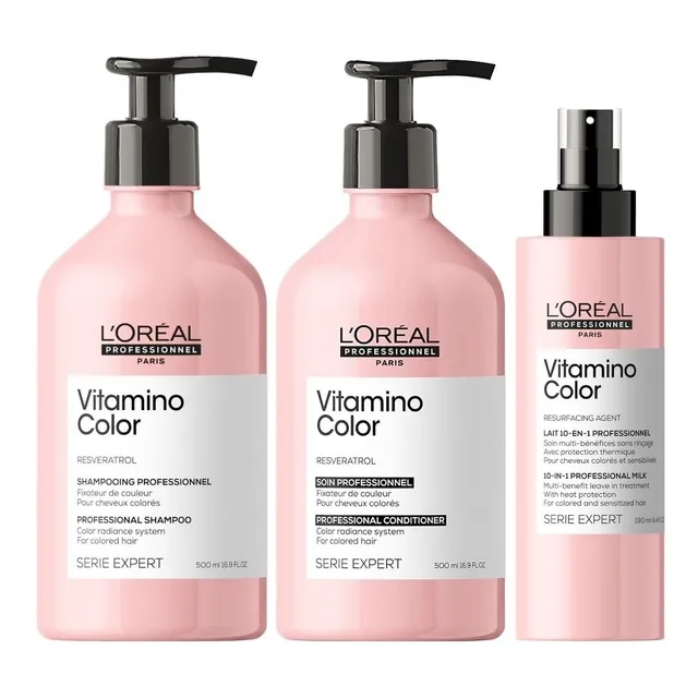 Shampoo 500ml + Acondicionador + Spray Loreal Vitamino Color