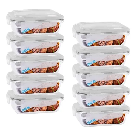 Kit 10 Potes Vidro Hermético Marmita C/ 4 Travas 1040ml Transparente