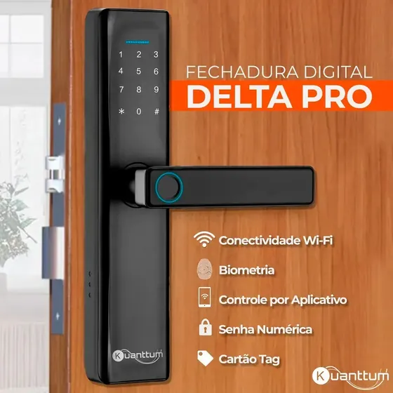 Fechadura Digital Eletrônica Inteligente Kuanttum Delta Pro Wi-Fi Biométrica de Embutir com Maçaneta