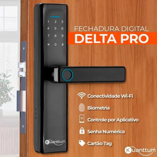 Fechadura Digital Kuanttum Delta Pro Wi-fi Para Porta De Madeira Com Biometria E Senha Preto
