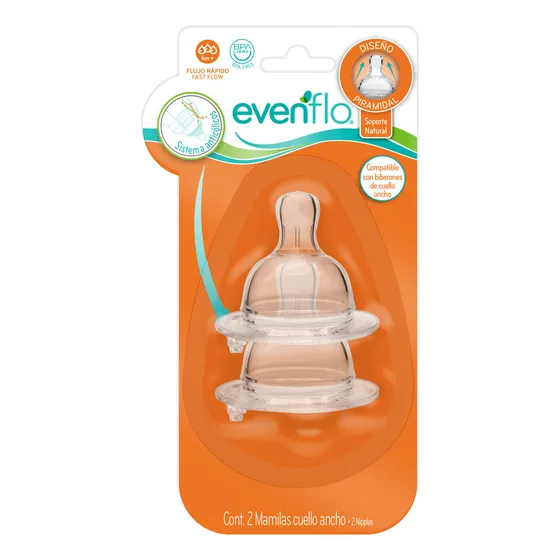 Mamilas Cuello Ancho Evenflo Flujo Rápido 6m+ 2 Piezas