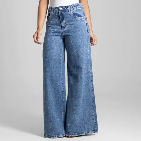 Jeans Sawary Feminina Calca Super Wide Brilho_282957 Índigo Liso 44