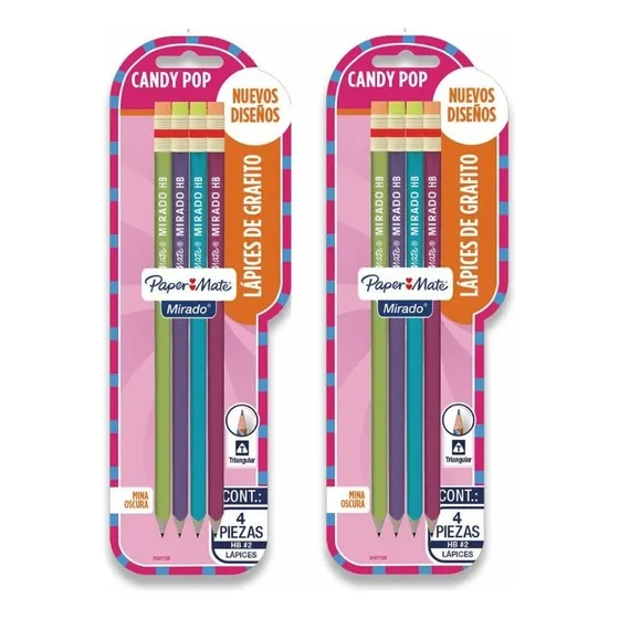 8 Lapiz Negro Triangular Con Goma Paper Mate Candy Pop