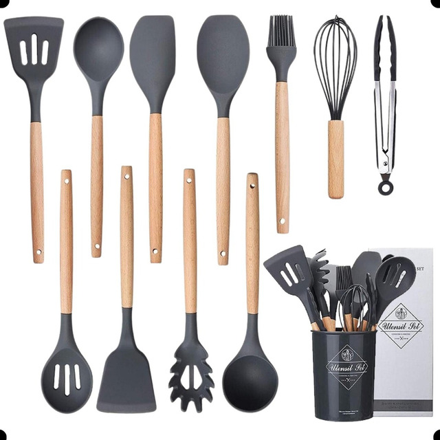 Kit 12 Utensílios De Cozinha Em Silicone E Cabo De Madeira Kit 12 Utensílios De Cozinha Em Silicone E Cabo De Madeira
