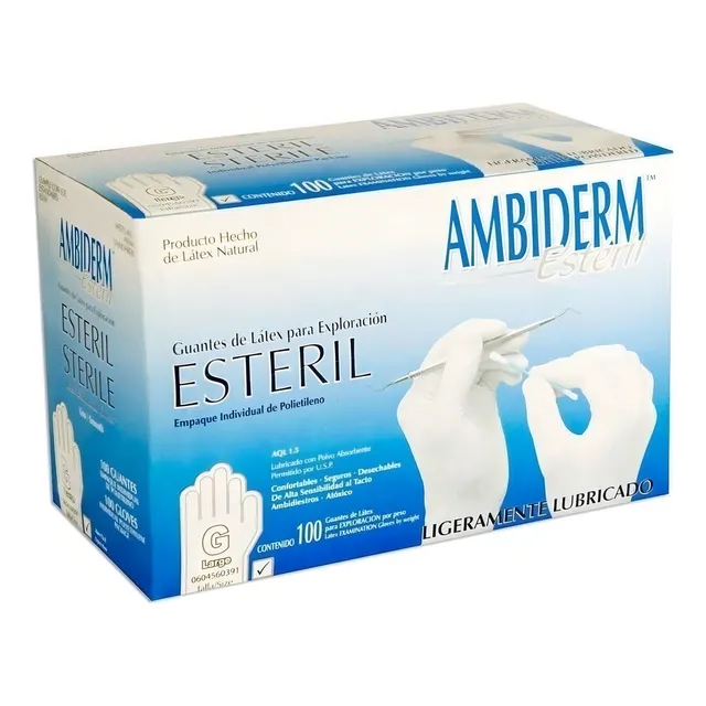 Guantes De Látex Estériles Ambiderm 100 Piezas Talla Grande con Color Natural Acabado Liso Textura Sedosa Para exploración Desechables De alta sensibilidad al tacto Confortables y seguros.