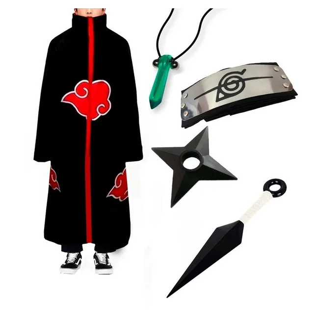 Naruto Traje Akatsuki Itachi Kit Ninja Com Colar Verde 