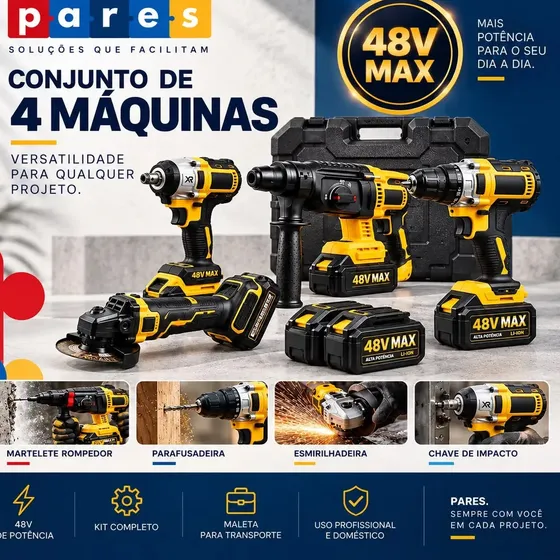 Kit Multiferramentas PARES 4 em 1 48V Sem Fio com 2 Baterias e Maleta Furadeira Parafusadeira Esmerilhadeira Martelete
