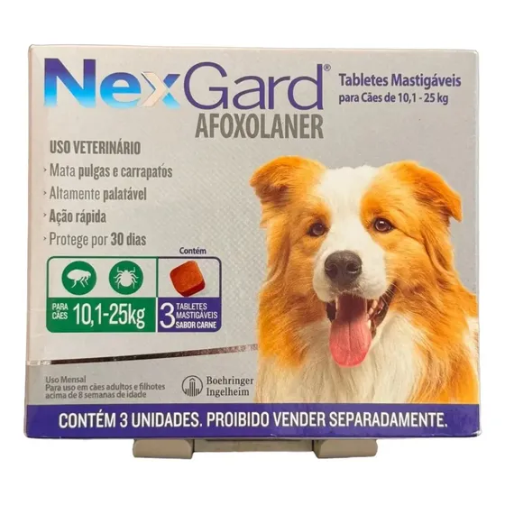 3 Tabletes Boehringer NexGard Para Cachorros 10,1 kg a 25 kg altamente palátavel