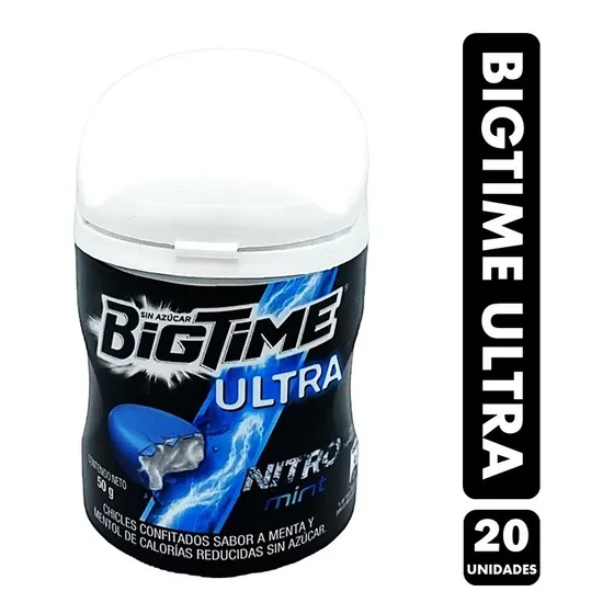 Chicle Bigtime Ultra Nitro, Sabor Menta - Frasco Con 20 Uni