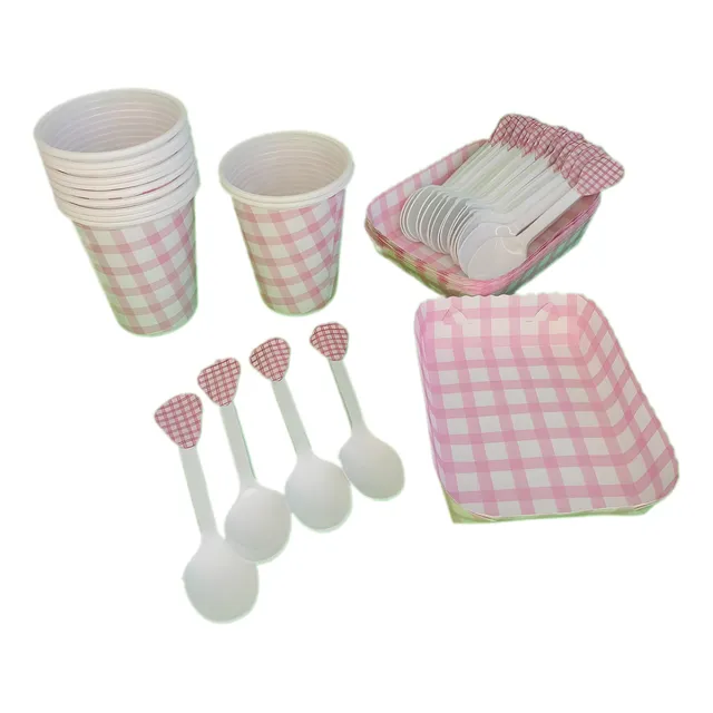 Kit  Picnic Rosado Vasos+cubertos+bandejas 24invitados