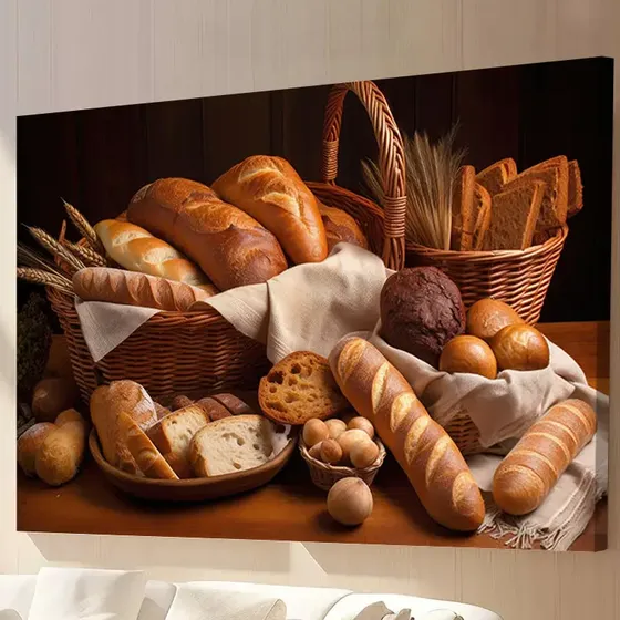Quadro Cesta Pães Diversos Padaria Moderno Luxo 90x120cm
