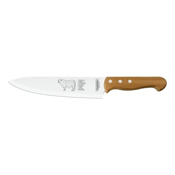 Faca para Carne Tramontina Churrasco 8" com Lâminas em Aço Inox e Cabo de Madeira Natural