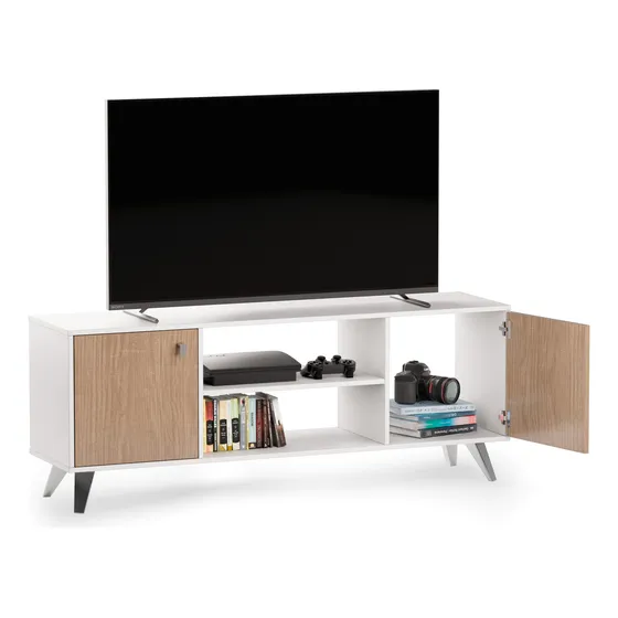 Mueble De Tv Rack Para Tv Led Tele Televisor Hasta 60'' Con 2 Puertas 2 Estantes Melamina 140cm Color Blanco Roble Claro Moderno Linea Escandinavo Dielfe RE140